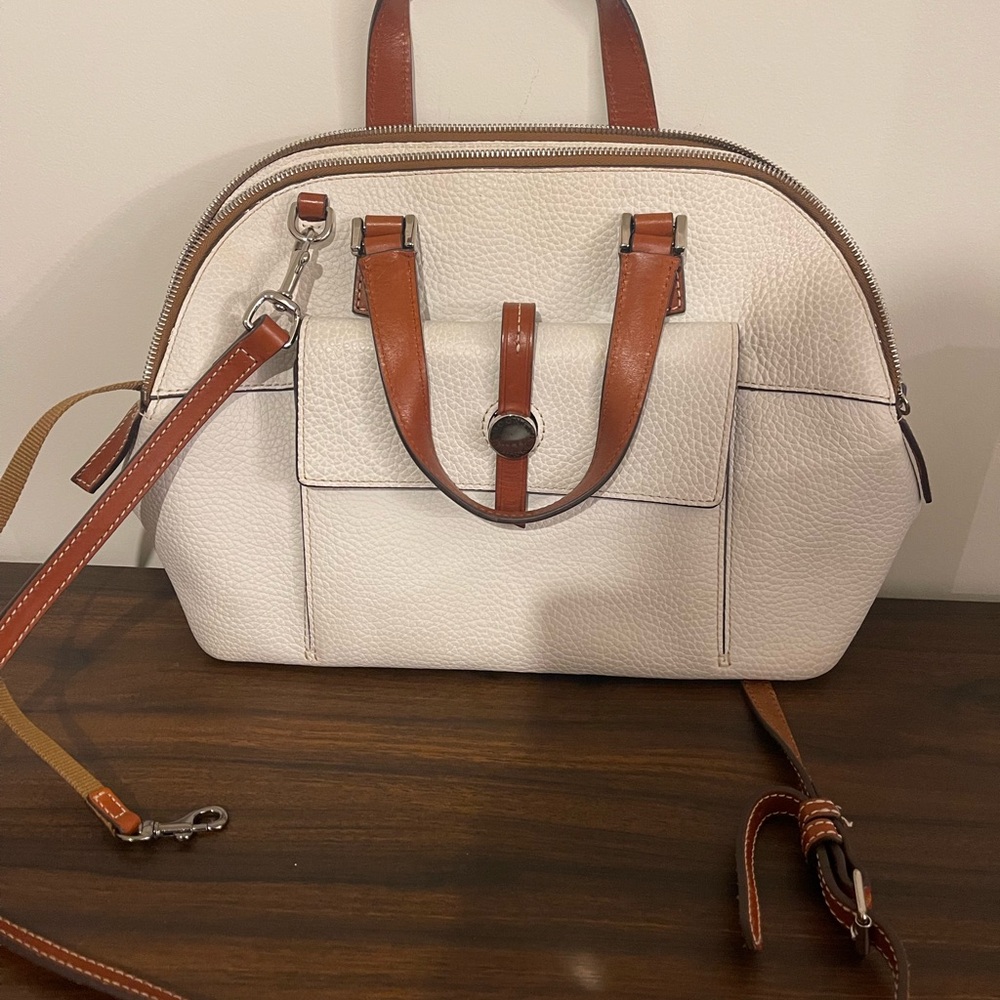 Leather-Trim Off White Dome Satchel Bag with Adjustable Strap